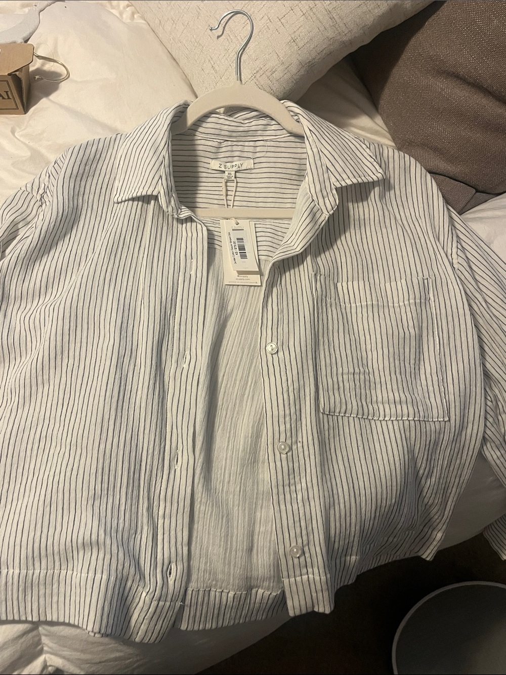 Z Supply White Cropped Shirt with Thin Navy Stripes
